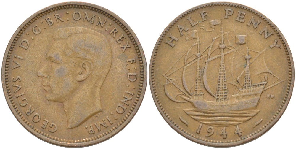 Великобритания 1/2 пенни 1944 Георг VI (1936-1952) KM 844, Spink 4115 бронза    4603-1024