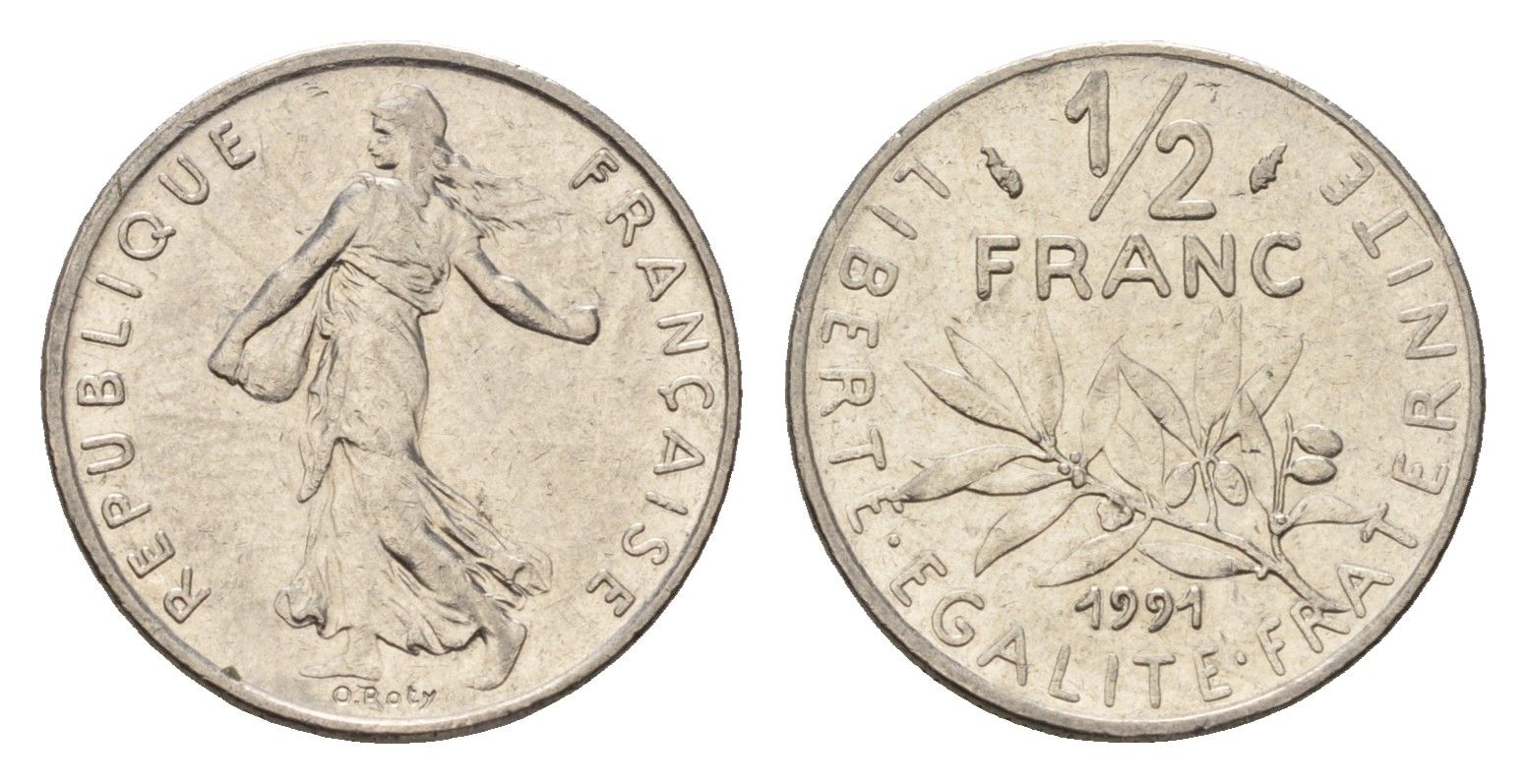 Франция 1/2 франка 1991 сеятель KM 931.1 никель 192-1022