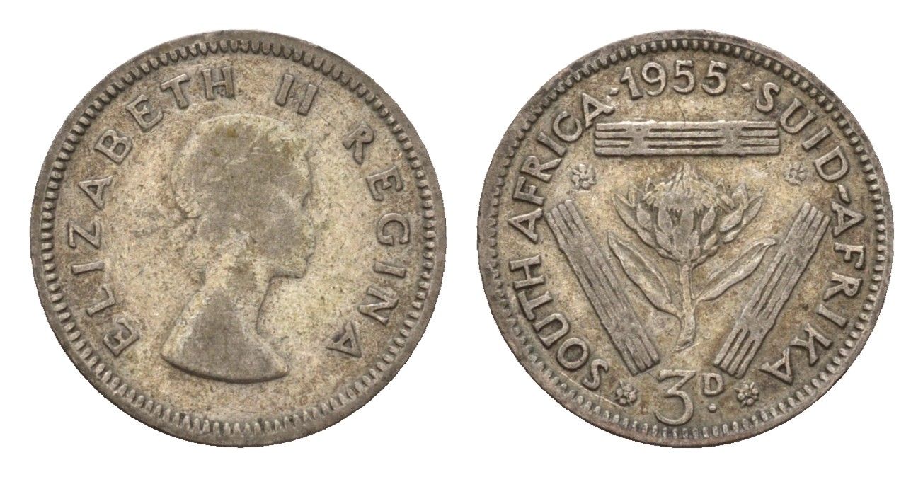 ЮАР 3 пенса 1955 Елизавета II (1952-2022) KM 47 серебро 4547-448