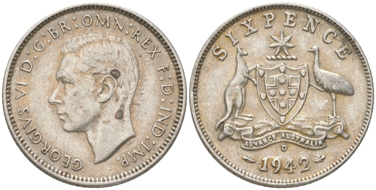 Австралия 6 пенсов 1942 D, Георг V (1936-1952) KM 38 серебро 4623-227