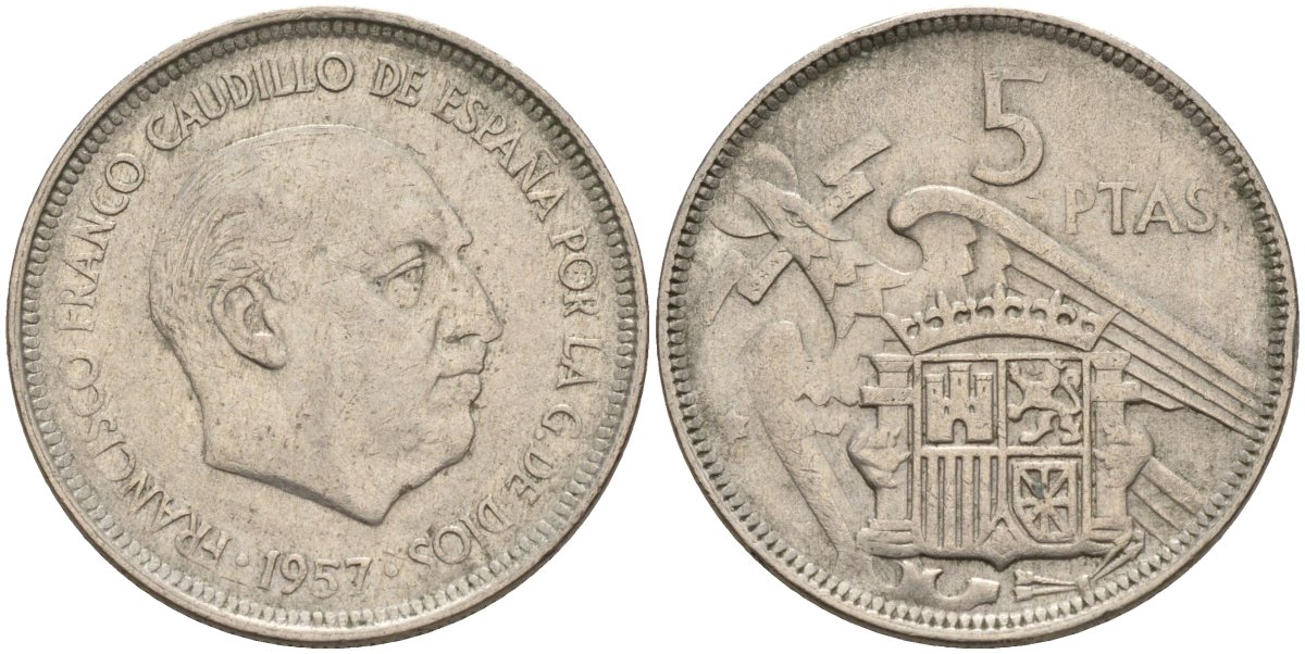 Испания 5 песет 1957 Франсиско Франко (1939 - 1975) KM 786 медно-никель 4155-517