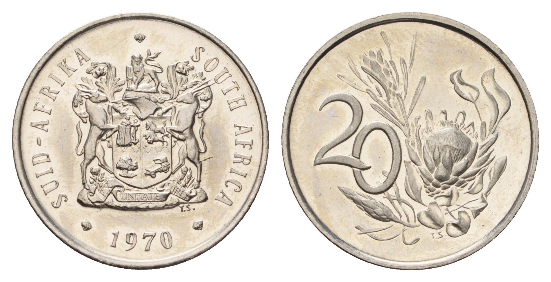 ЮАР 20 центов 1970 тираж 10.000 экземпляров KM 86 никель PROOF 4622-546
