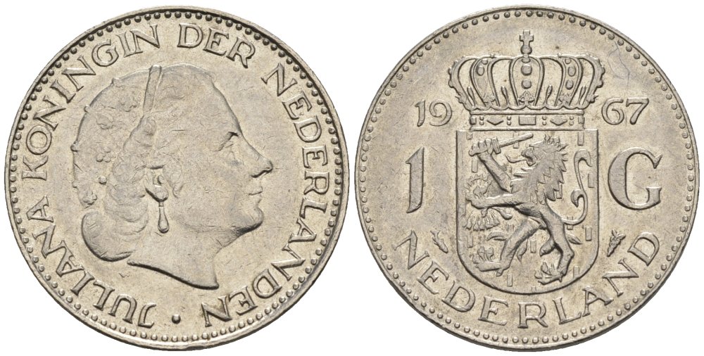 Нидерланды 1 гульден 1967 Юлиана (1948-1980) KM 184a никель 4579-455
