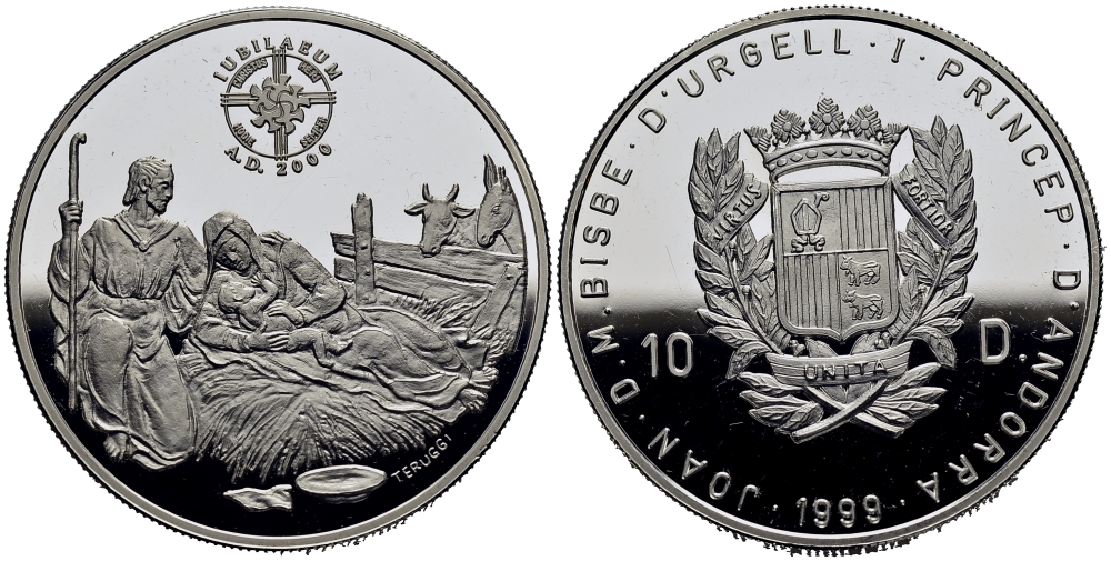 Андорра 10 динеров 1999 серия миллениум, рождение Иисуса Христа KM 156 серебро PROOF 11-152-12