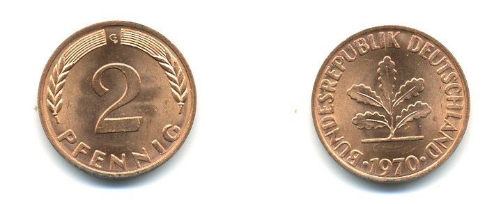 ФРГ 2 пфеннига 1970 G KM 106a, J.381a сталь плакированная сталь плакированная медью UNC 00-00