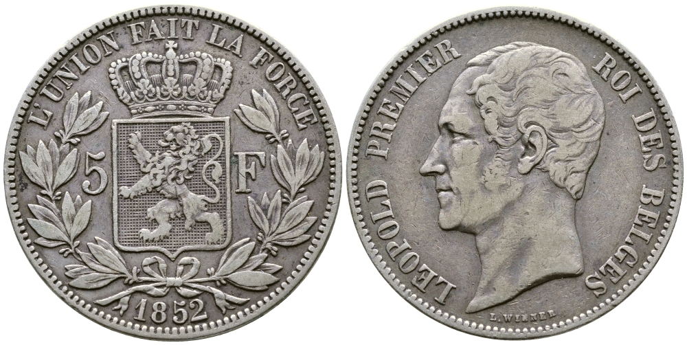 Бельгия 5 франков 1852 Леопольд I (1831-1865) KM 17 серебро 00-1067-5-34