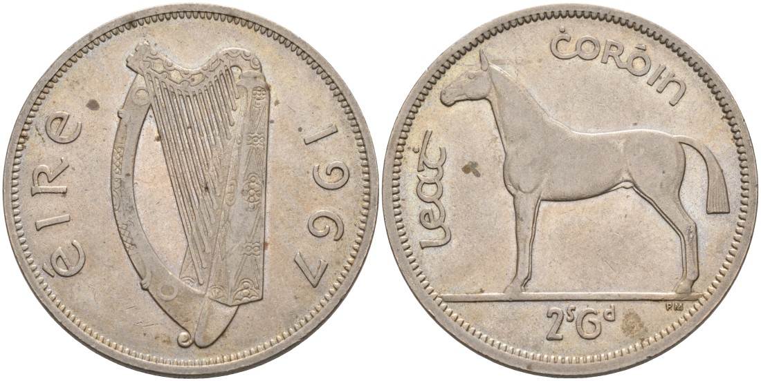 Ирландия 1/2 кроны = 2 шиллинга 6 пенсов 1967 лошадь KM 16а медно-никель 88-626