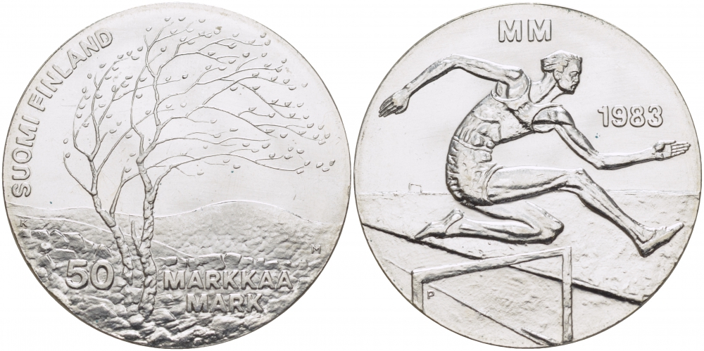 Финляндия 50 марок 1983 K-T, чемпионат мира по атлетике, бег с препятствиями KM 61 серебро UNC 1515-1223