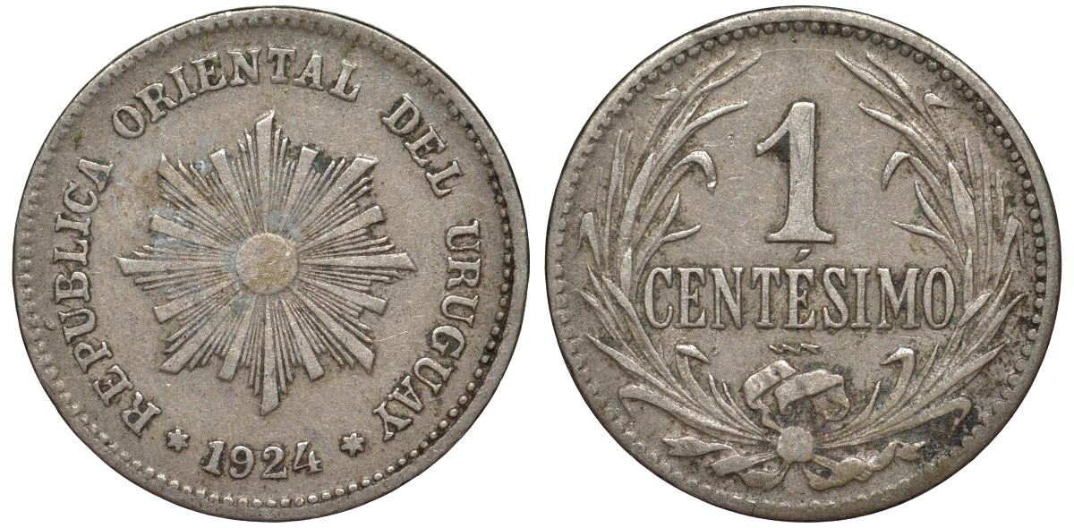 Уругвай 1 сентесимо 1924 KM 19 медно-никель 4169-649