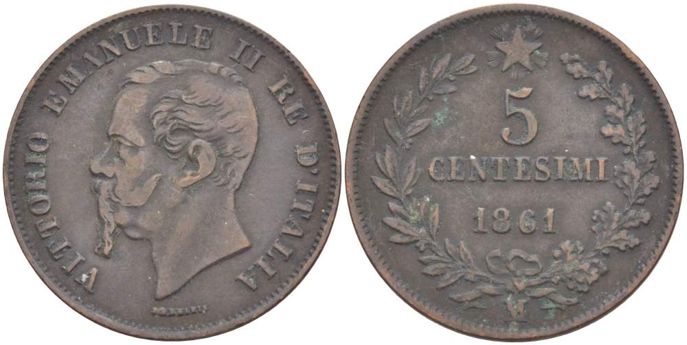 ИТАЛИЯ 5 ЧЕНТЕЗИМО 1861 М, МОНДВОР МИЛАН, ВИКТОР ЭММАНУИЛ II (1861-1878) KM 3.2 медь 4182-1245