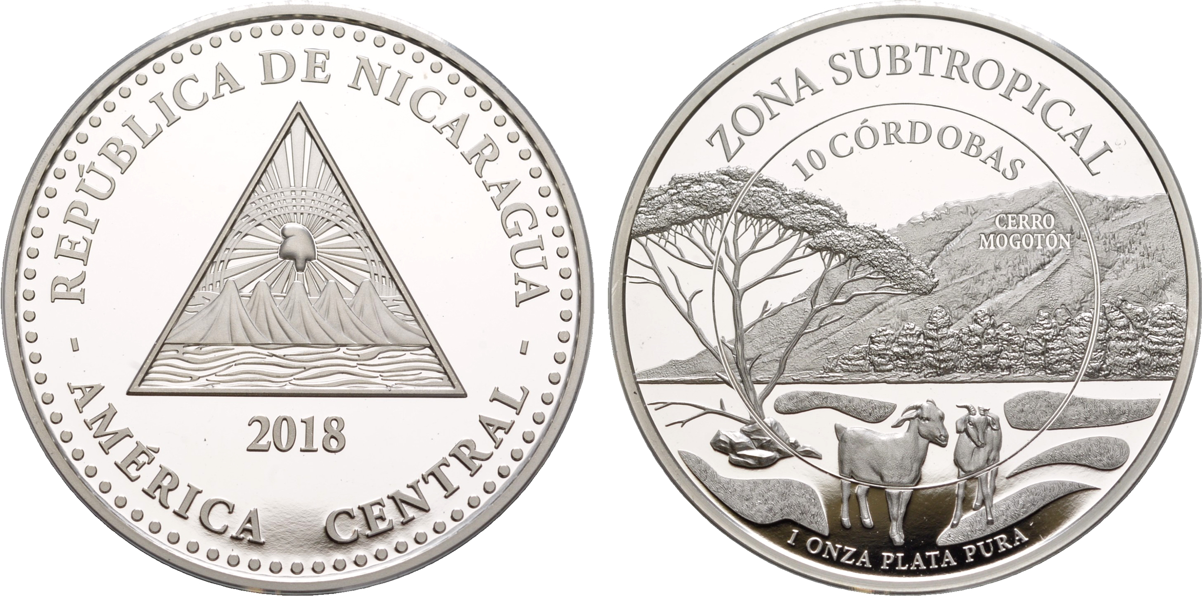 Никарагуа 10 кордоба 2018 субтропическая зона, Серро-Моготон NI-000177 серебро  PROOF  11-182-13