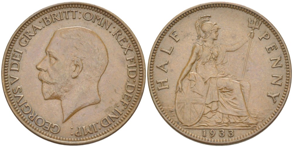 Великобритания 1/2 пенни 1933 Георг V (1910-1936) KM 837, Spink 4058 бронза 4514-1134
