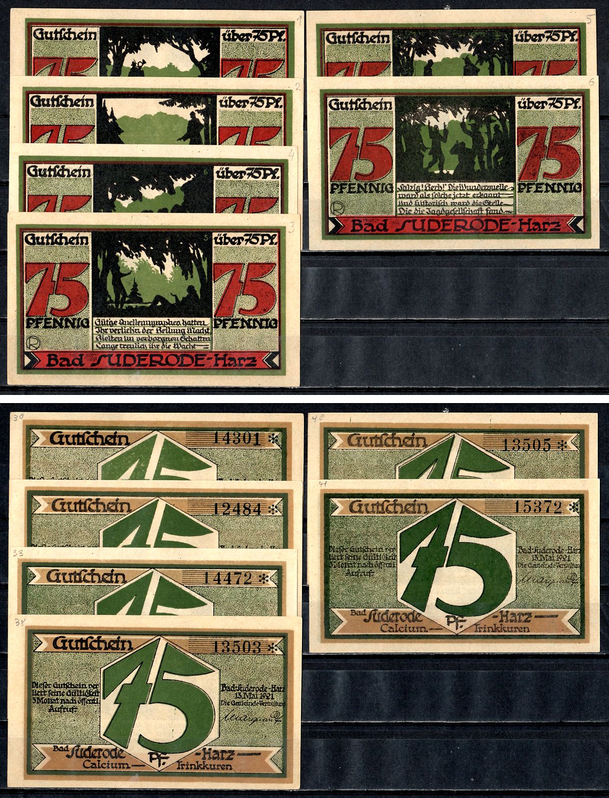 Бад-Зудероде (Пруссия, Саксония) полный набор из 6 нотгельдов (75 пфеннигов) 1921 Mehl Grabowski 1292.2 бумага UNC (пресс) 7556-55-1-1