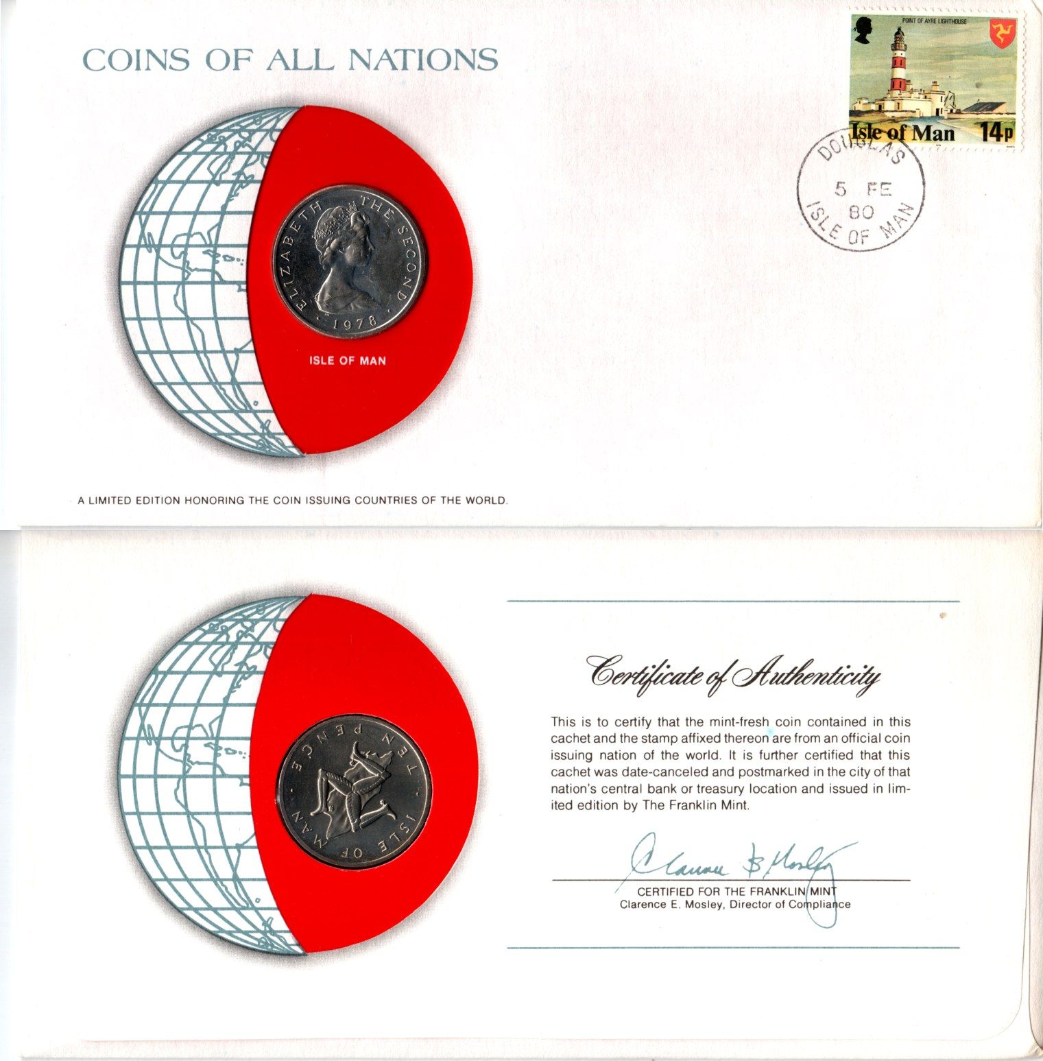 Остров Мэн 10 пенсов 1978 конверт с маркой первого дня гашения, Coins of Nations KM 36 медно-никель UNC 4294-58-2