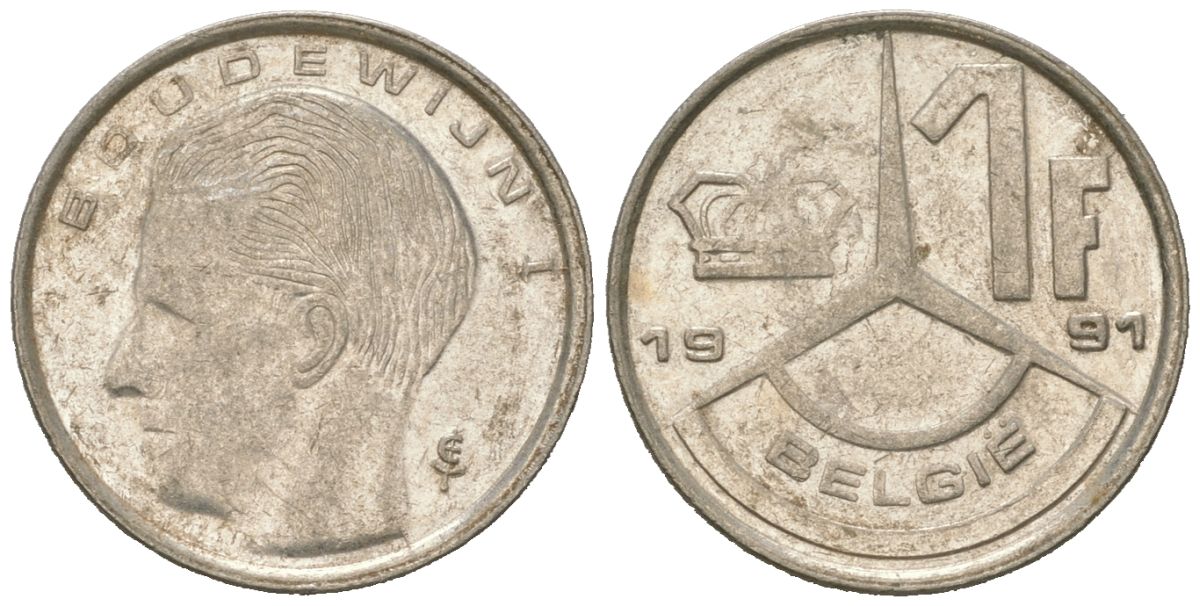 Бельгия 1 франк 1991 Belgie, Бодуэн I (1951-1993) KM 171 нержавеющая сталь 4618-228