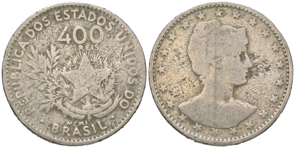 Бразилия 400 реалов 1901 MCMI, голова свободы вправо KM 505 медно-никель 4612-527
