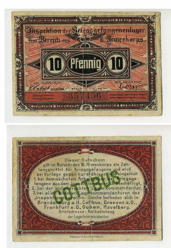 Германия 10 пфеннигов 1917 инспекция лагерей военнопленных в Котбусе, III-ий Армейский корпус C-2834 бумага 504-80-1-1