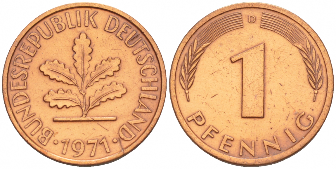 ФРГ 1 ПФЕННИГ 1971 D KM 105, J.380 сталь плакированная медью 4532-1269