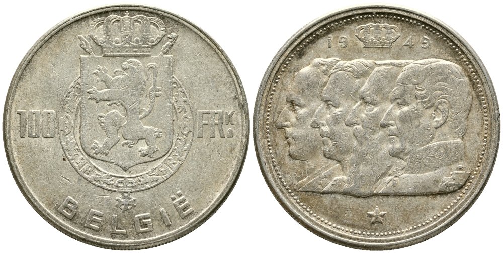 Бельгия 100 франков 1949 Belgie, королевская династия KM 139.1 серебро 1526-1324