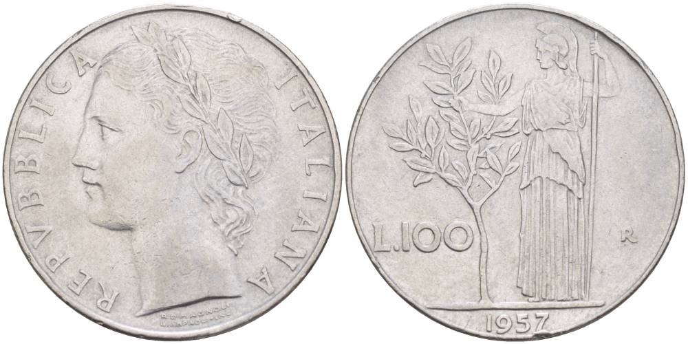 ИТАЛИЯ 100 ЛИР 1957 R, АФИНА У ОЛИВКОВОГО ДЕРЕВА KM 96.1 нержавеющая сталь 4545-622