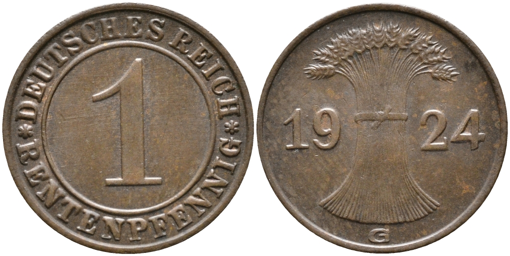 Германия 1 рентенпфенниг 1924 G KM 30, J. 306 бронза UNC 413-3231