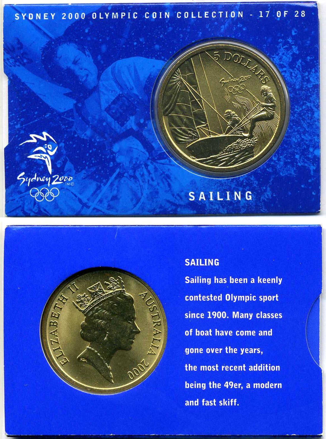 Австралия 5 долларов 2000 XXVII летние Олимпийские игры 2000 года в Сиднее, яхтинг, в оригинальном картонном буклете KM 358 латунь  UNC  2-5-2-43