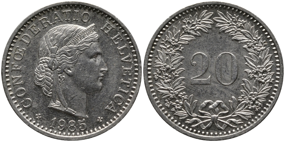 Швейцария 20 раппенов 1985 KM 29a медно-никель 33-311