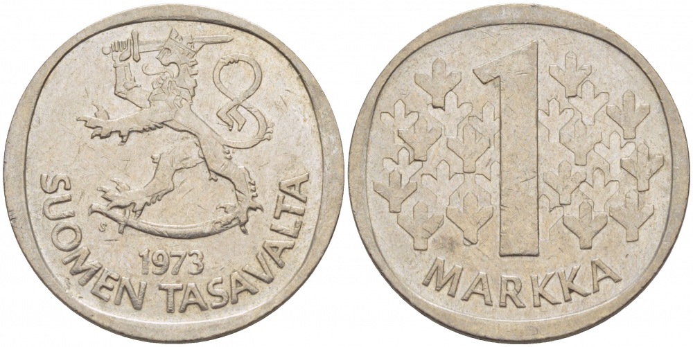 ФИНЛЯНДИЯ 1 МАРКА 1973 S KM 49а медно-никель 3718-922