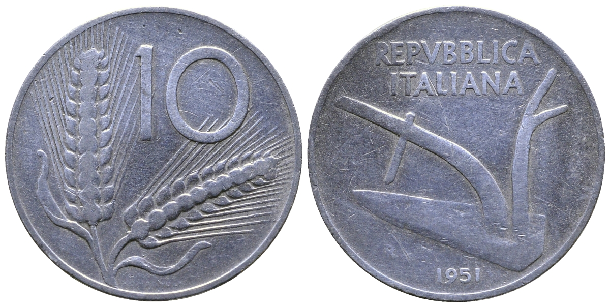 ИТАЛИЯ 10 ЛИР 1951 R, ПЛУГ KM 93 алюминий 4385-1044