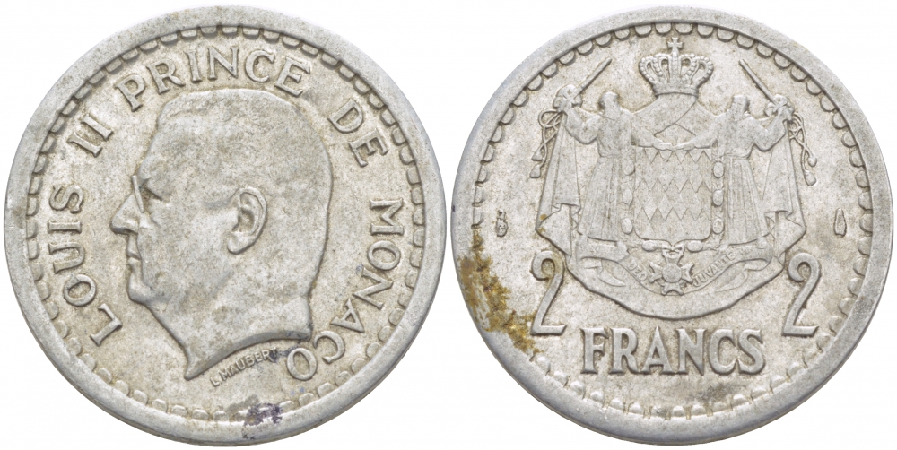 Монако 2 франка 1943 Луи II (1922-1949) KM 121 алюминий 4402-627