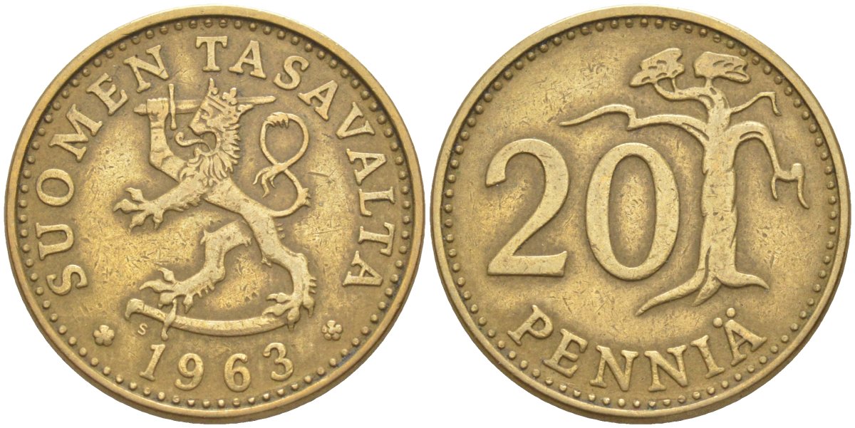 Финляндия 20 пенни 1965 S KM 47 алюминиевая бронза 219-1212