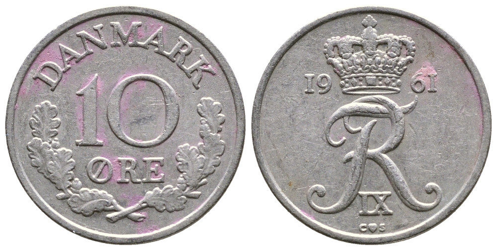 ДАНИЯ 10 ЭРЕ 1961 C; S, ФРЕДЕРИК IX (1947-1972) KM 849.1 медно-никель 26-866