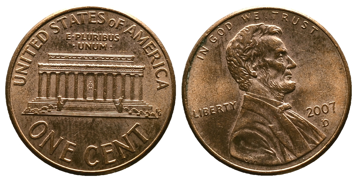 США 1 ЦЕНТ 2007 D KM 201 b медь цинк 4385-526