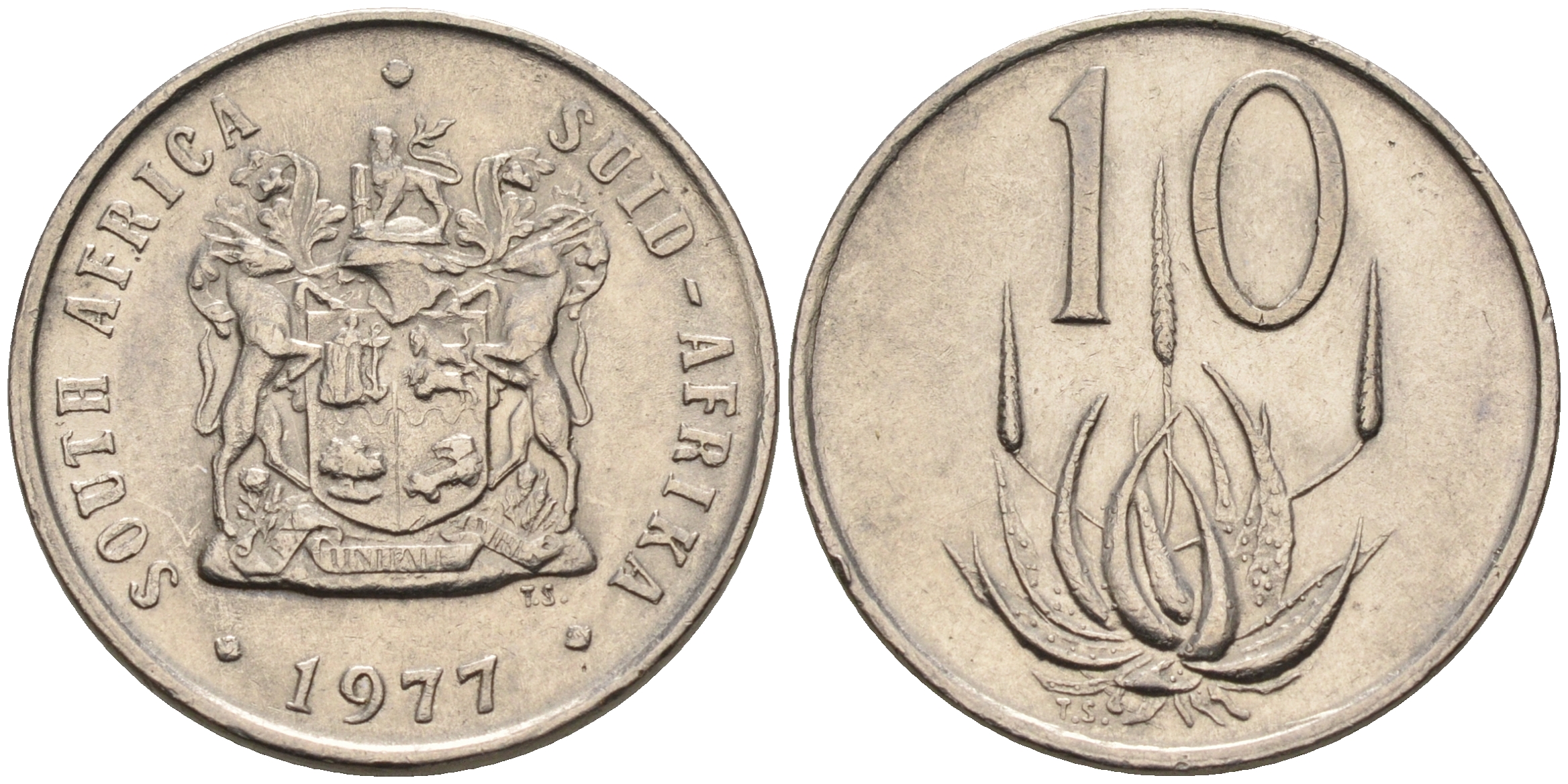 ЮАР 10 центов 1977 цветок алоэ KM 85 никель  UNC  4189-125