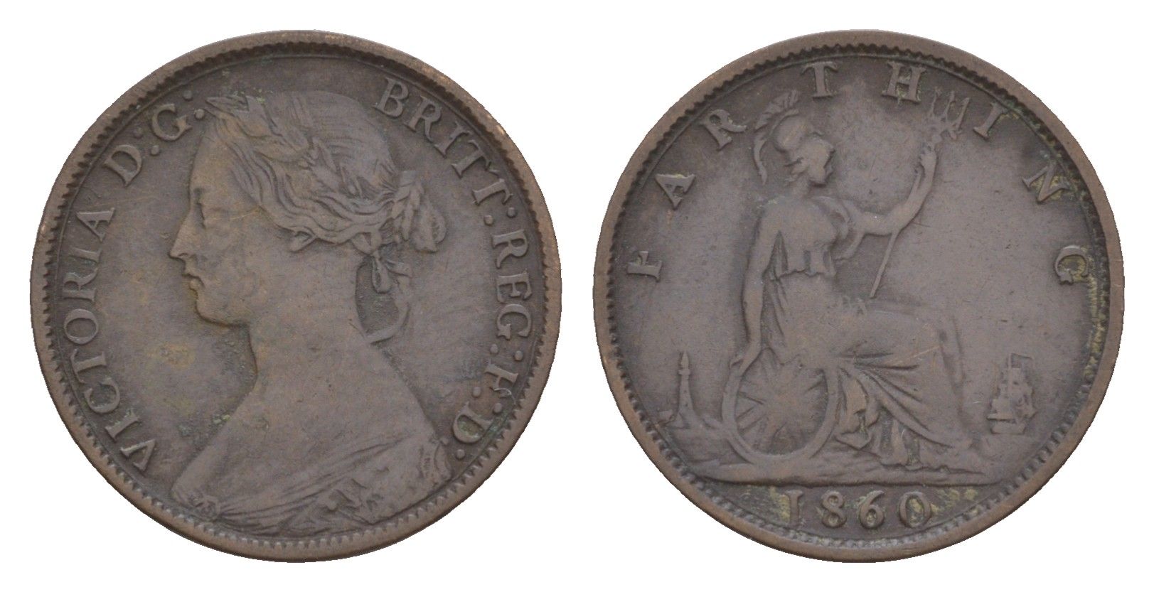 Великобритания 1 фартинг 1860 Виктория (1837-1901), зубчатая кайма KM 747.2, Spink 3958 бронза 4658-918