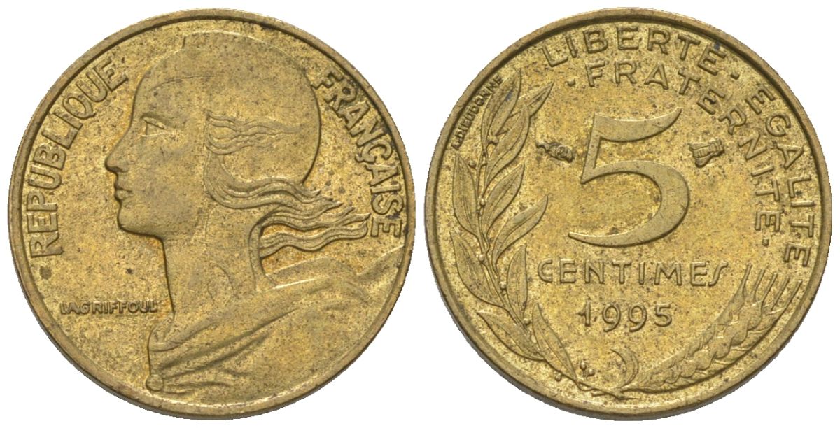 Франция 5 сантимов 1995 KM 933 алюминиевая бронза 4564-938