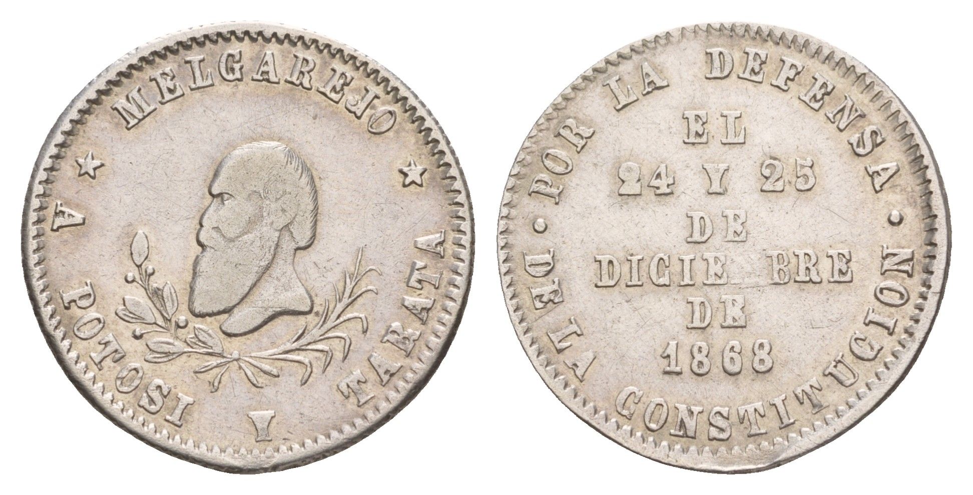 Боливия 1/4 мельгарехо 1868 Мануэль Мариано Мельгарехо, Герои декабря - Денежная медаль Burnett 110 серебро 1519-444