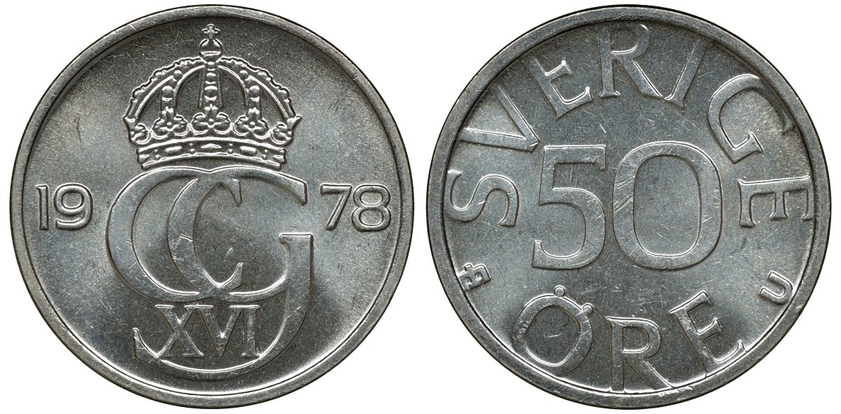 Швеция 50 эре 1978 U, Карл XVI Густав (1973- ) KM 855 медно-никель UNC 72-443