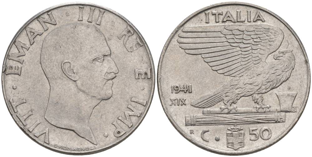 ИТАЛИЯ 50 ЧЕНТЕЗИМО 1941 R, ГОД XIX, ВИКТОР ЭММАНУИЛ III (1900-1946) KM 76b, VEM3. 1063 нержавеющая сталь 3853-354