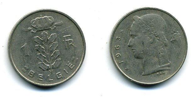 БЕЛЬГИЯ 1 ФРАНК 1963 BELGIE KM 143.1 медно-никель 25-1316