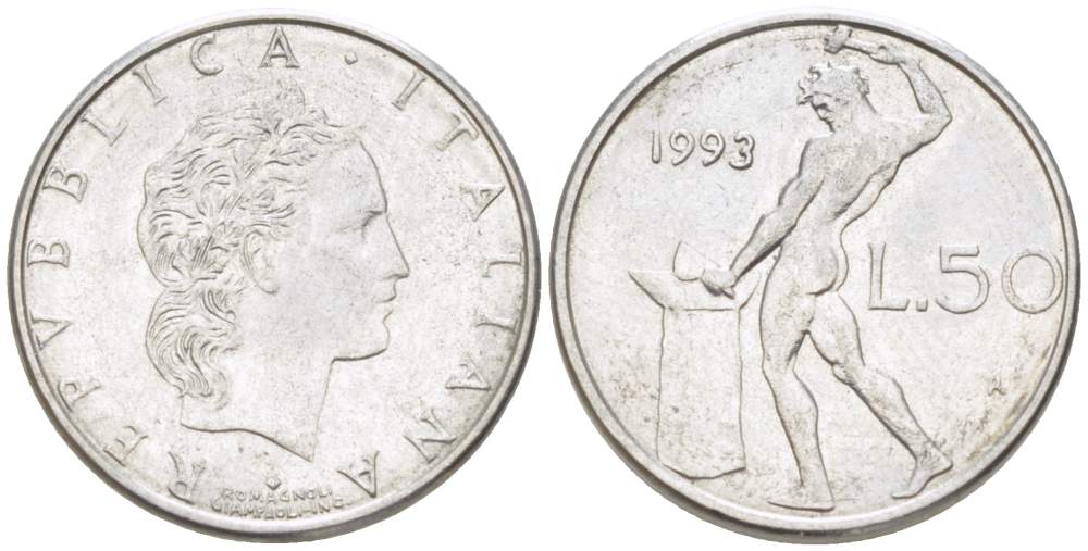 ИТАЛИЯ 50 ЛИР 1993 R, КУЗНЕЦ, ВУЛКАН БОГ ОГНЯ, ДИАМЕТР 16,5 ММ. KM 95.2 нержавеющая сталь 4528-114