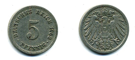 Германия 5 пфеннигов 1908 A KM 11, Jager 12, Weege 6 медно-никель 45-1131