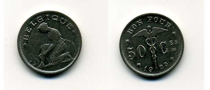 БЕЛЬГИЯ 50 САНТИМОВ 1923 BELGIQUE KM 87 никель 46-1141