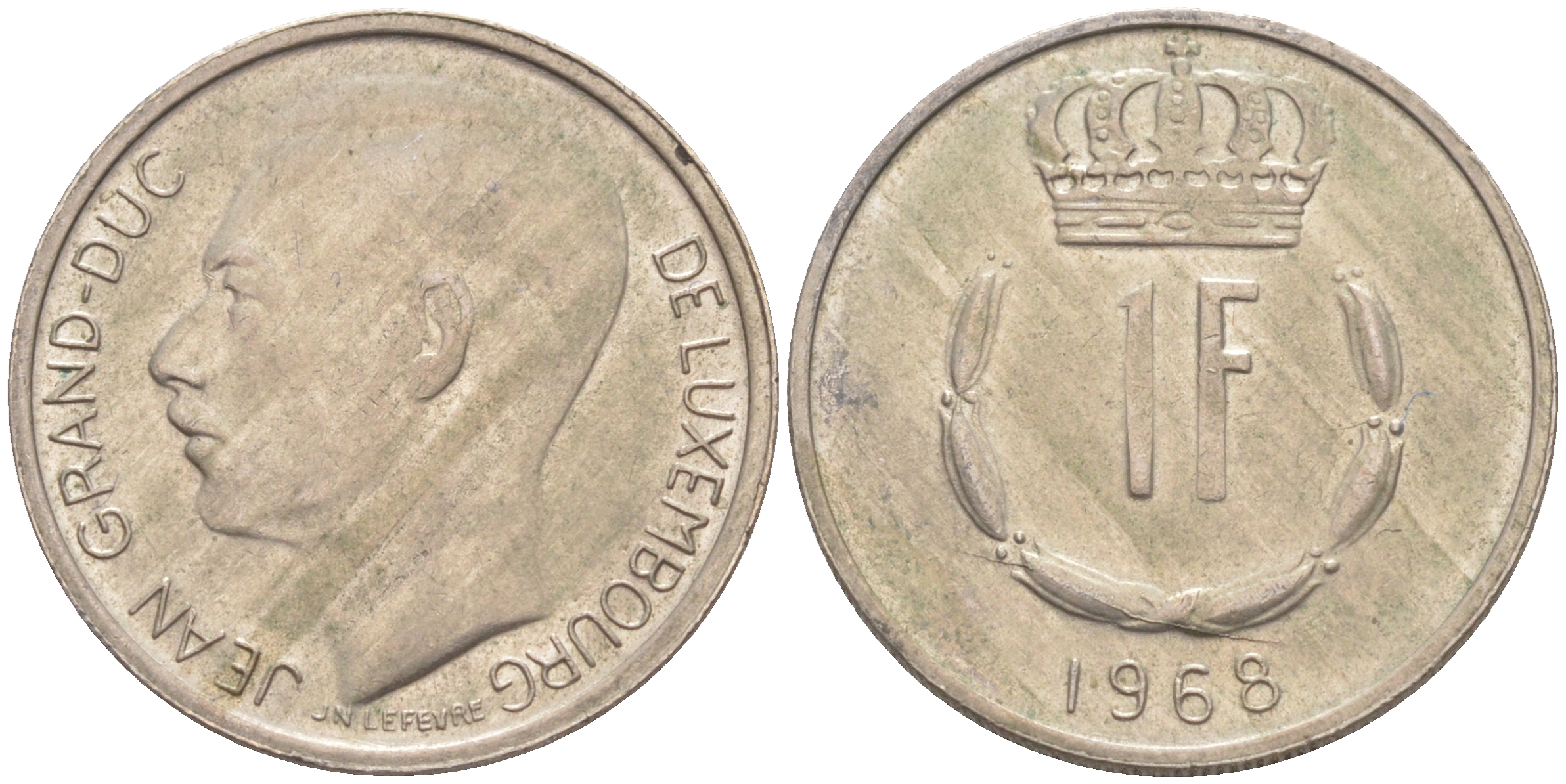 ЛЮКСЕМБУРГ 1 ФРАНК 1968 ВЕЛИКИЙ ГЕРЦОГ ЖАН (1964-2000) KM 55 медно-никель 206-356