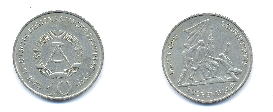 ГДР 10 марок 1972 A, мемориал Бухенвальда KM 38, J. 1539 медно-никель 3333-231