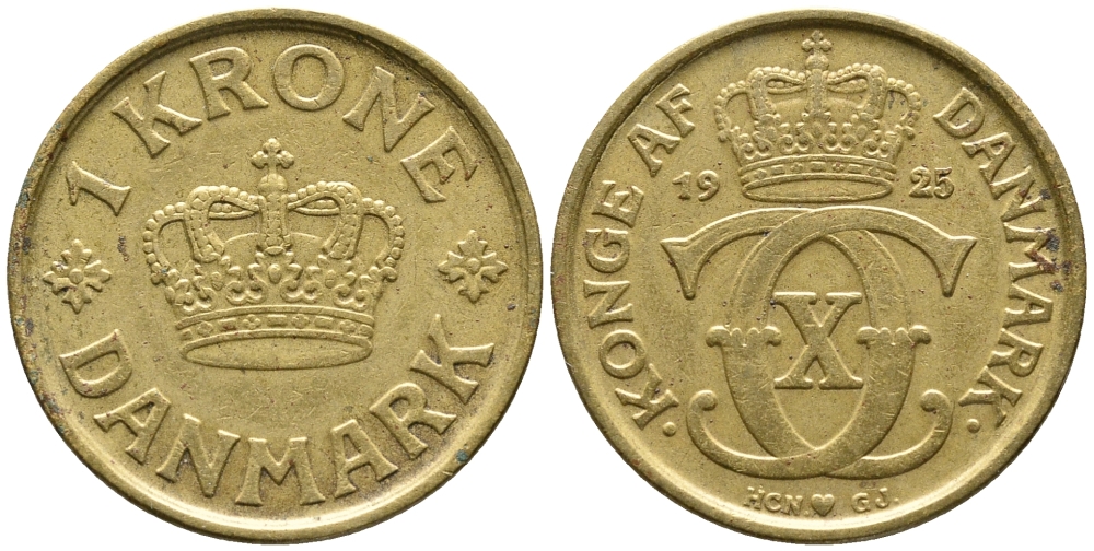 ДАНИЯ 1 КРОНА 1925 HCN; GJ, КРИСТИАН X (1912-1947) KM 824.1 алюминиевая бронза 32-246