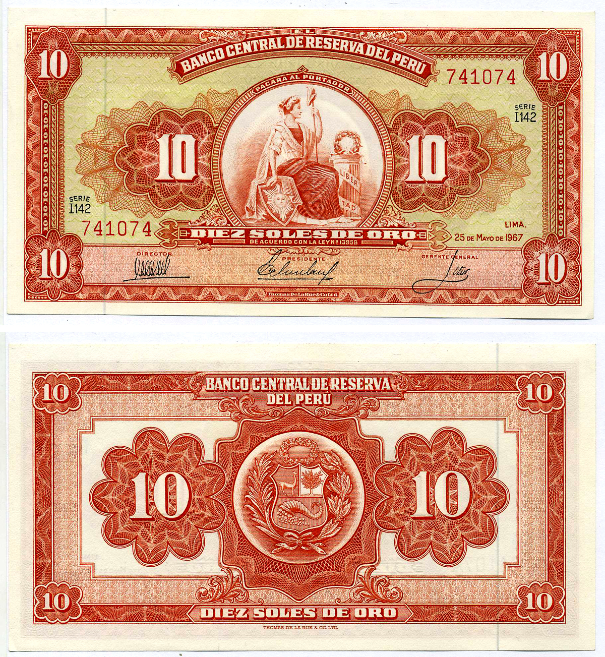 Перу 10 солей 1967 Перу 10 солей 1967 свобода, Thomas de la Rue Pick 84 а бумага Pick 84а бумага UNC (пресс) 7548-8-1-1