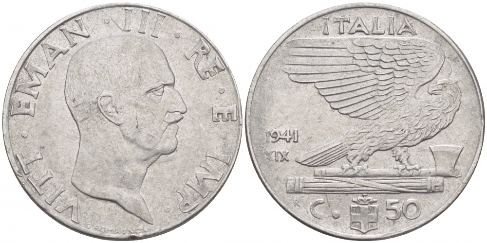 ИТАЛИЯ 50 ЧЕНТЕЗИМО 1941 R, ВИКТОР ИМАНУИЛ, XIX ГОД KM 76b сталь 4548-142