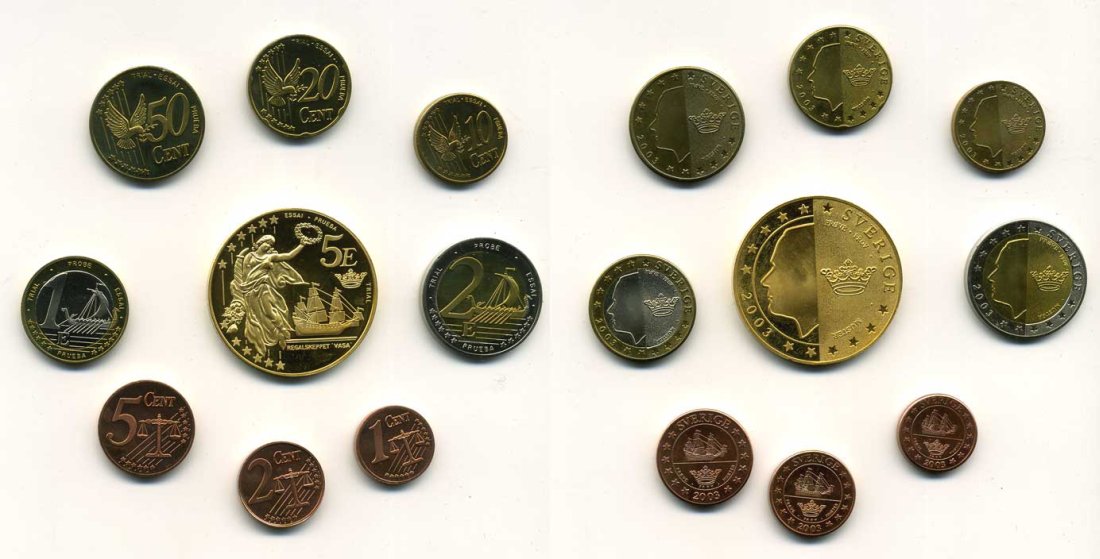 ШВЕЦИЯ ЕВРОНАБОР ИЗ 9 МОНЕТ (С 5 ЕВРО) 2003 PROBA, ПРОБНИКИ PROOF 4-2-9