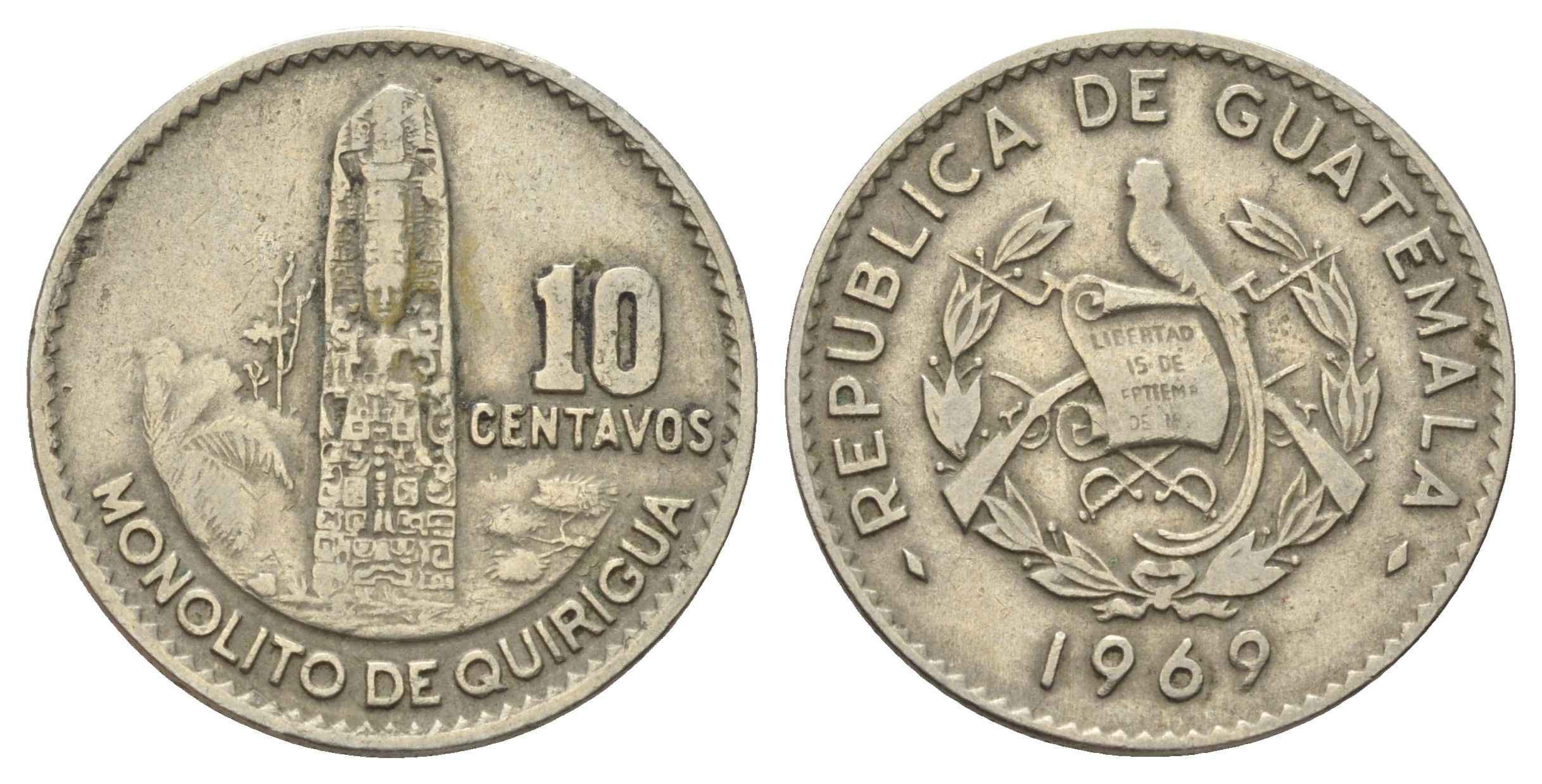 Гватемала 10 сентаво 1969 KM 267 медно-никель 4393-935